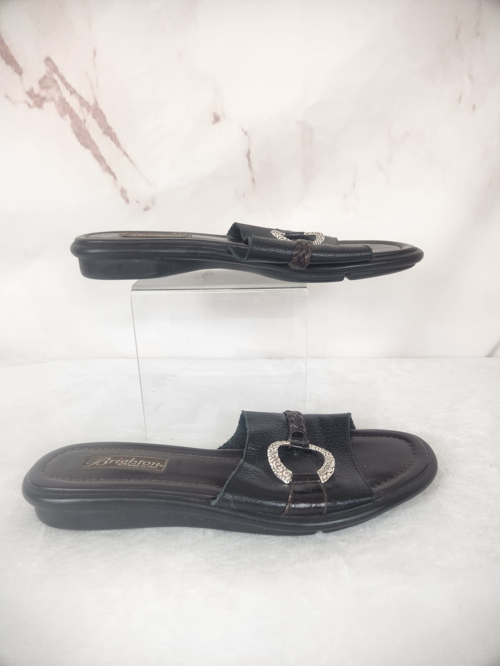 EUC Brighton "Jive" Black/ Brown Slide Sandals with Decorative Silver Accent